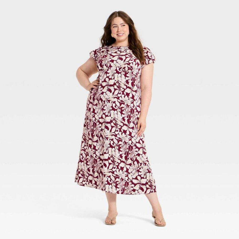 Women's Puff Short Sleeve Floral Maxi Dress - A New Day Burgundy 3X
